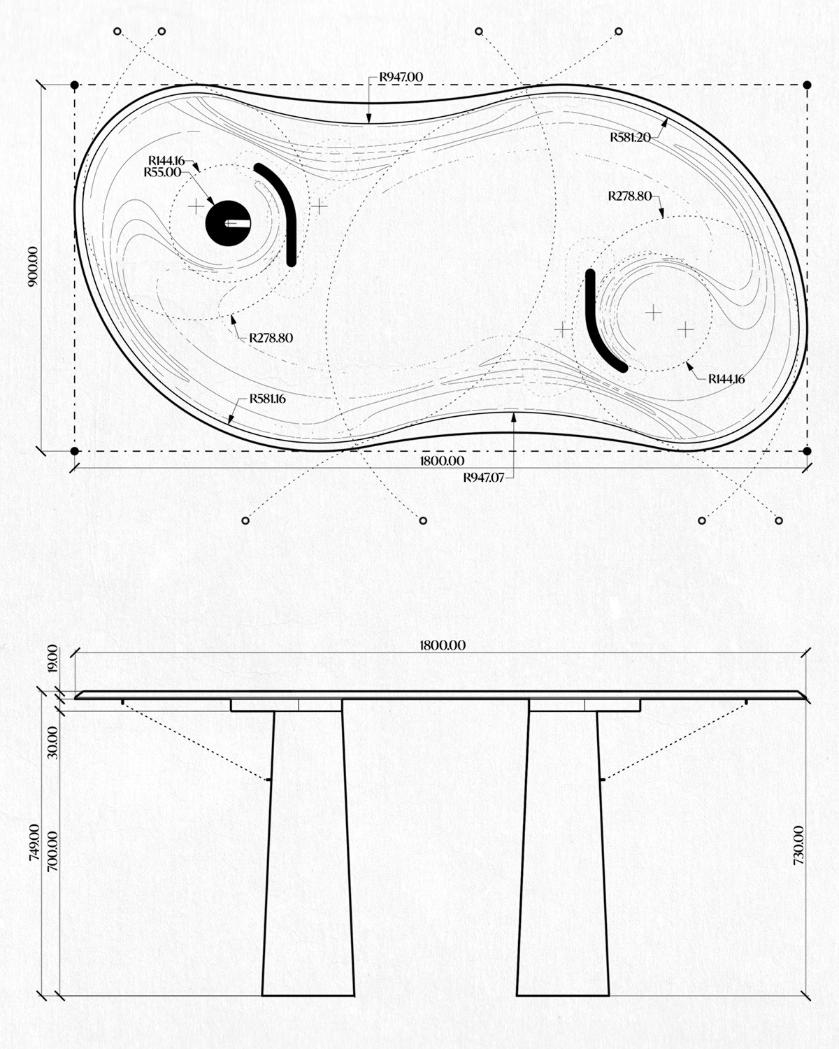 Trace — dimensioned drawings, plan and elevation