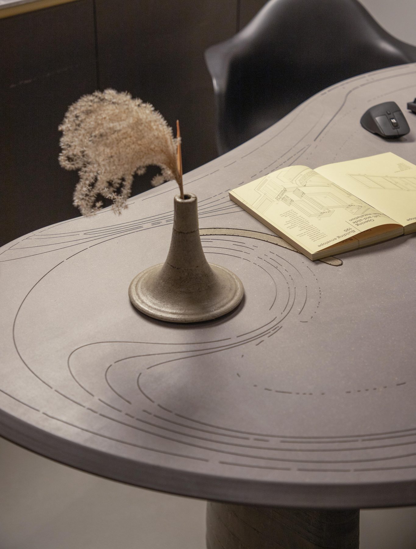 Trace — CNC toolpaths engraved on the tabletop